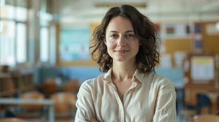 Charming school teacher smiling in bright classroom, dressed in light beige blouse, embodying inspiration and educational commitment, promoting lifelong learning.