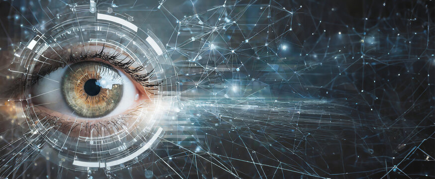 Olho humano refletindo linhas tecnol&oacute;gicas de seguran&ccedil;a cibern&eacute;tica, tecnologia e intelig&ecirc;ncia artificial, espa&ccedil;o para c&oacute;pia