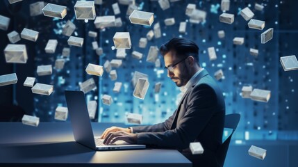 Obraz premium AI at Work: Businessman with Digital Envelopes Representing Email Security and Spam Detection. Safe communication in business, technology with email filtering, phishing protection