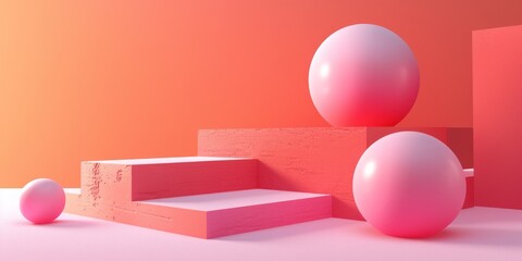 Pink podium and pink sphere 3D rendering