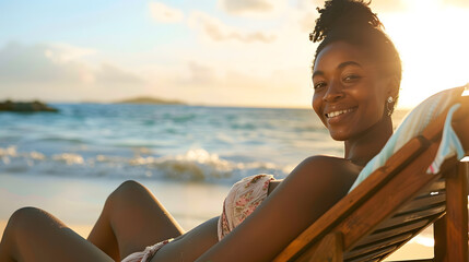 Portrait of happy african american woman sunbathing on wooden deck chair at tropical beach while looking at camera Smiling black girl enjoying vacation at seaside with copy space Woman : Generative AI - obrazy, fototapety, plakaty
