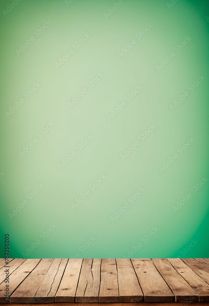 Poster Light green background with an empty wooden table and plenty of room for your branding and copy. Use as a montage for a product display. Vintage style concept
