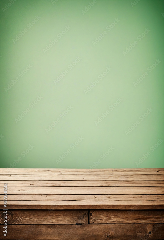 Poster Light green background with an empty wooden table and plenty of room for your branding and copy. Use as a montage for a product display. Vintage style concept
