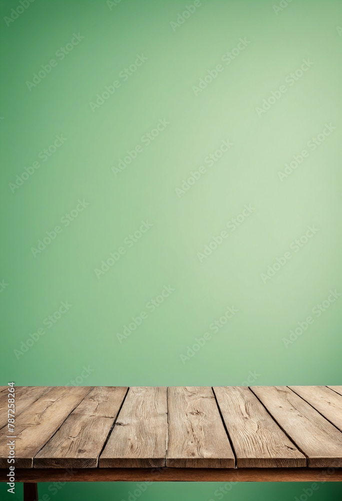 Poster light green background with an empty wooden table and plenty of room for your branding and copy. use