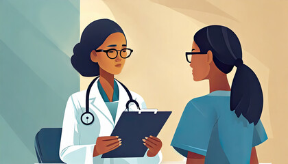 Ilustração minimalista de médico segurando uma prancheta conversando com um paciente - obrazy, fototapety, plakaty