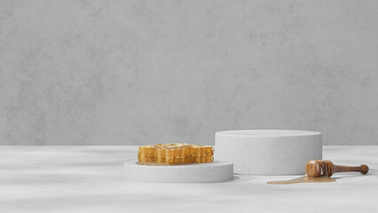 3D background display stand with honey on concrete for product presentation
