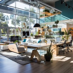 Fototapeta premium An open office space with a large glass window and a modern interior