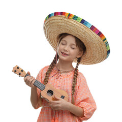 Cute girl in Mexican sombrero hat playing ukulele on white background