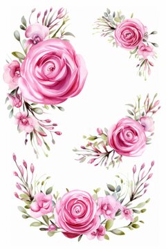 Pink roses and green leaves watercolor illustration