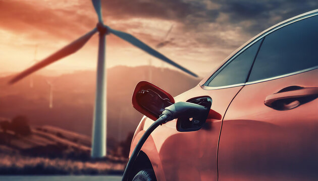 Carro el&eacute;trico em uma esta&ccedil;&atilde;o de carregamento abastecido com energia e&oacute;lica, conceito de sustentabilidade, baixa emiss&atilde;o de carbono, energia verde.