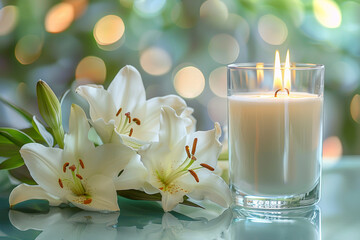 Obraz na płótnie Canvas Candle in a transparent glass. Relaxation atmosphere with white lilies decoration. Bokeh background.