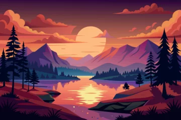 Foto op Plexiglas Sunset Lake Landscape cartoon vector Illustration flat style artwork concept © Shapla