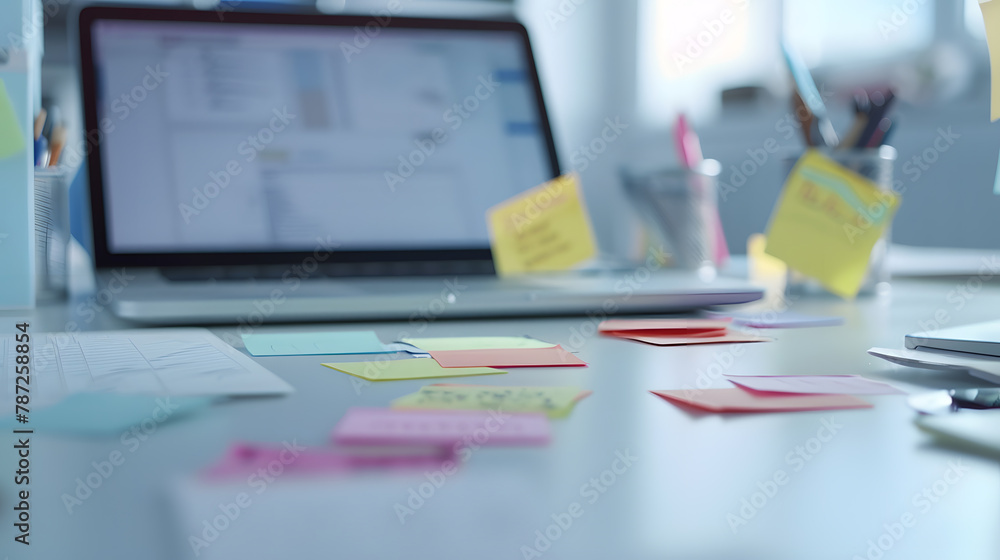 Poster computer security laptop with various sticky password notes on a white desk concept for safety in ho