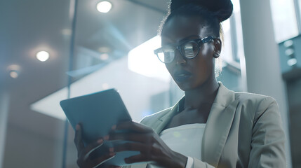 Black business woman using digital tablet in meeting room office workplace business finance concept : Generative AI