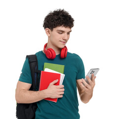 Portrait of student with backpack, notebooks, smartphone and headphones on white background
