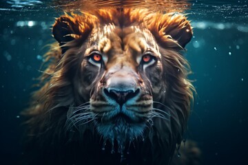 A lion gracefully swims underwater, its mane flowing in the currents of the deep blue sea