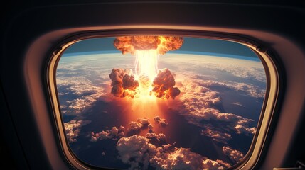 Naklejka premium A nuclear explosion seen from the window of an airplane