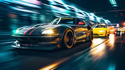 Black and yellow sports cars racing in the city at night