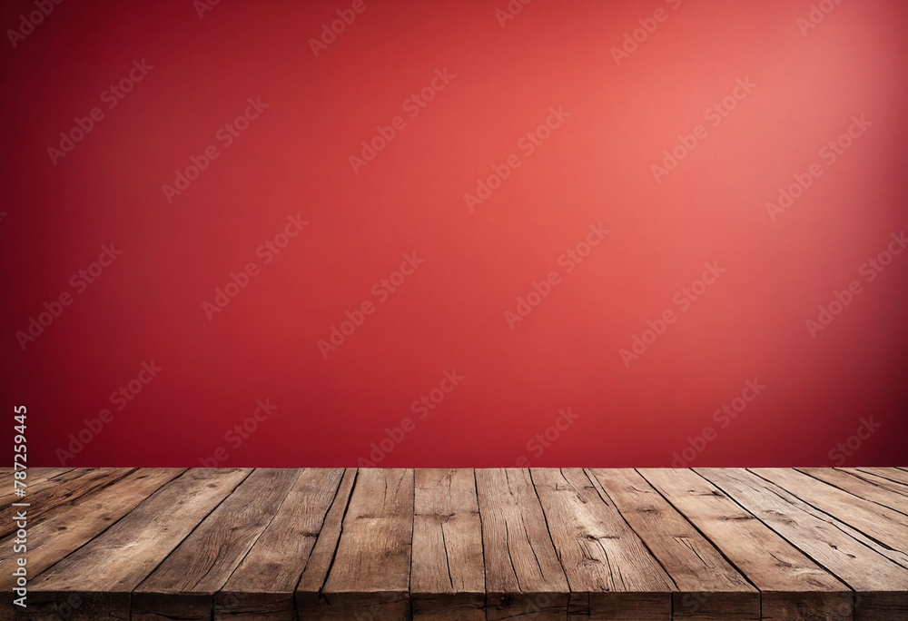 Poster Light red background with an empty wooden table and plenty of room for your branding and copy. Use as a montage for a product display. Vintage style concept