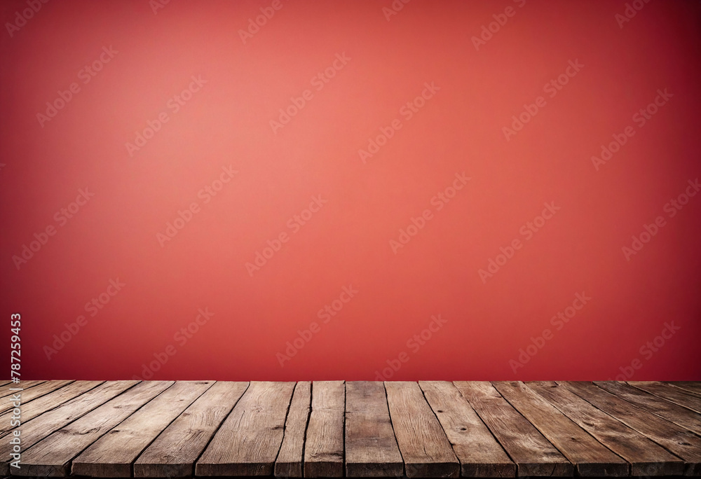 Aufkleber Light red background with an empty wooden table and plenty of room for your branding and copy. Use as a montage for a product display. Vintage style concept