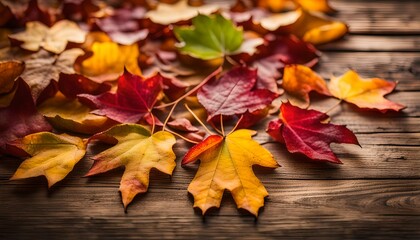 Obraz premium Autumn background with colored leaves on wooden board. 