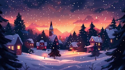 Snowy Village Landscape - obrazy, fototapety, plakaty