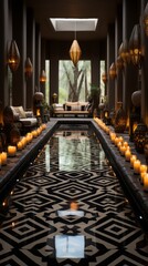 A long reflecting pool runs through the center of a luxurious courtyard with Moroccan-style lanterns and cushioned seating areas. - obrazy, fototapety, plakaty