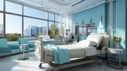A hospital room with a bed, two chairs, a table, and a window