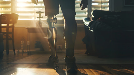 Closeup of unrecognizable man with bionic prosthetic leg at home indoors copy space : Generative AI - obrazy, fototapety, plakaty