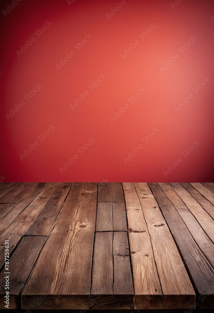 Poster Light red background with an empty wooden table and plenty of room for your branding and copy. Use as a montage for a product display. Vintage style concept