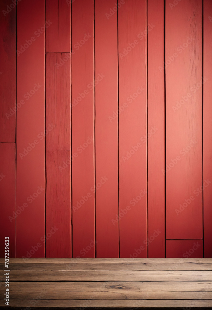 Poster light red background with an empty wooden table and plenty of room for your branding and copy. use a