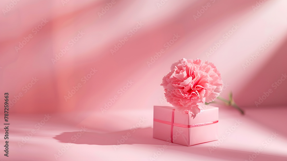 Poster valentines day and mothers day design concept background with pink rose carnation flower and wrapped