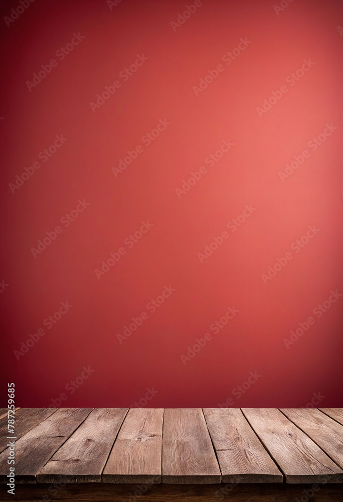 Poster Light red background with an empty wooden table and plenty of room for your branding and copy. Use as a montage for a product display. Vintage style concept