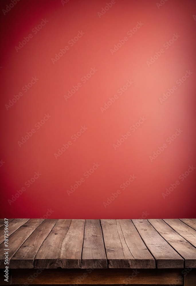 Poster Light red background with an empty wooden table and plenty of room for your branding and copy. Use as a montage for a product display. Vintage style concept