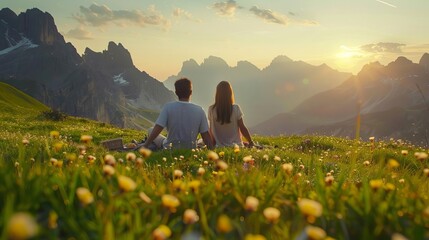 romantic couple enjoying picnic in idyllic alpine meadow dolomites landscape photography - obrazy, fototapety, plakaty