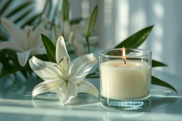 Obraz na płótnie Canvas Candle in a transparent glass. Relaxation atmosphere with white lilies decoration. Bokeh background.