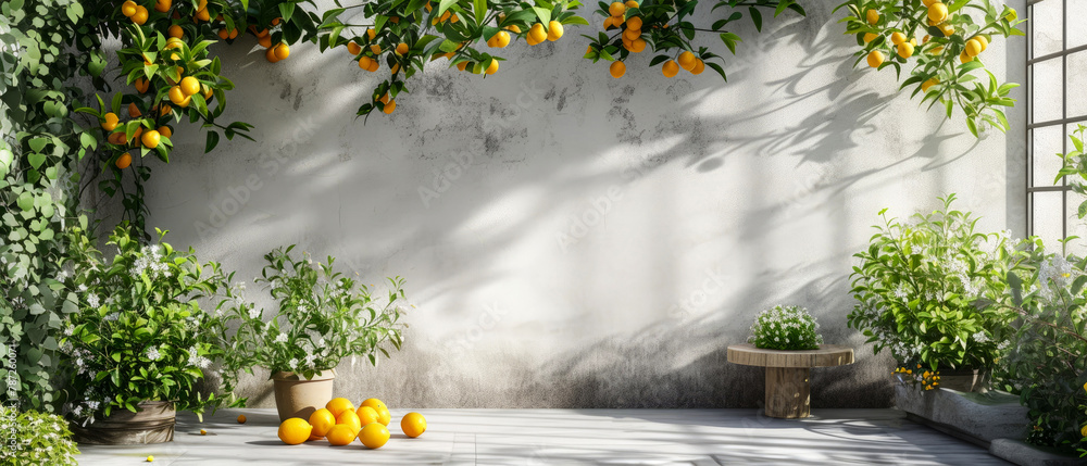 Wall mural Lemon trees and fruits composition with copy space, sunlight shadows Garden exterior concept. landscape design mockup.  Plants decoration on the backyard facade. Generative ai - Wall murals