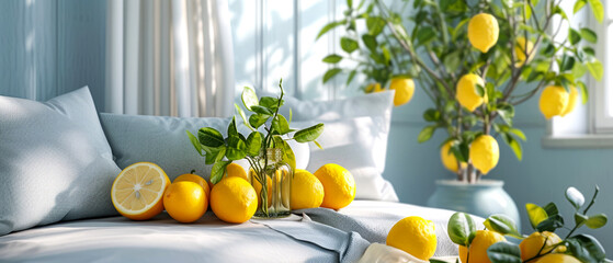 Contemporary minimal interior mockup with yellow lemons composition. Generative ai