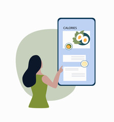 Counting calories. A woman calculates the required number of calories using her phone. The concept of diet and healthy lifestyle. Vector illustration in the flat style.