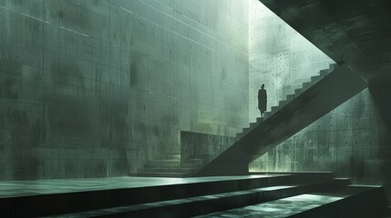 A lone figure stands in a vast, concrete room.