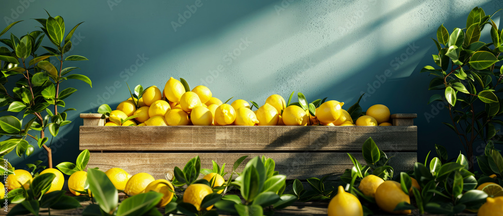 Wall mural Lemon trees and fruits composition with copy space, sunlight shadows Garden exterior concept. landscape design mockup.  Plants decoration on the backyard facade. Generative ai