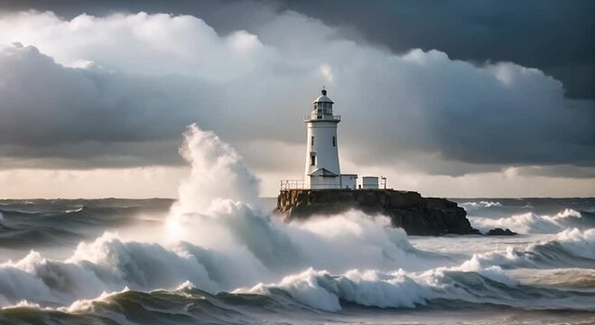 Where Ocean Meets Might, A Lighthouse Faces the Raw Power of a Tempest
