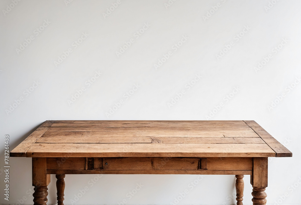 Poster White background with an empty wooden table and plenty of room for your branding and copy. Use as a montage for a product display. Vintage style concept