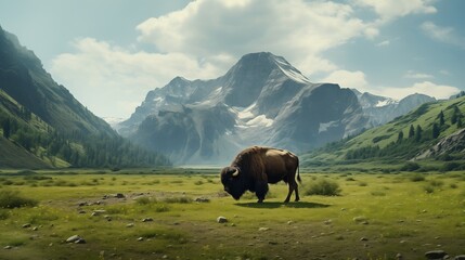 Bison in a field grassland with mountain range in distance