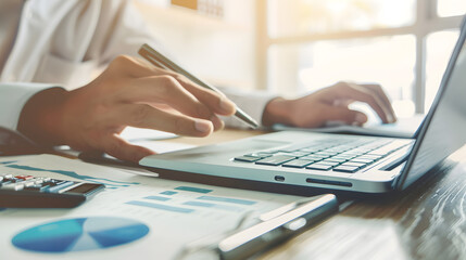 copy space banner panorama Businessman working on desk using calculator to calculate numbers and data recording on laptop computer financial accounting concepts : Generative AI