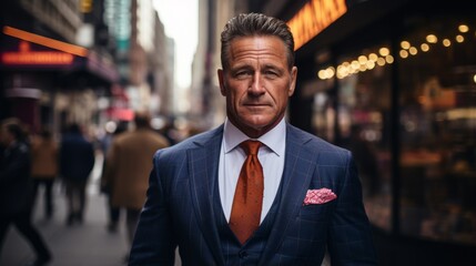 A man in a suit standing in a city street - obrazy, fototapety, plakaty