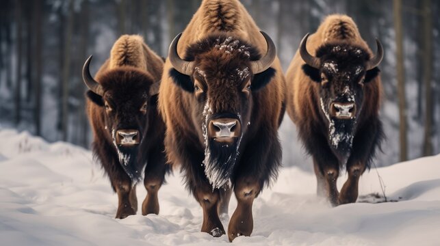Bison in the winter snow