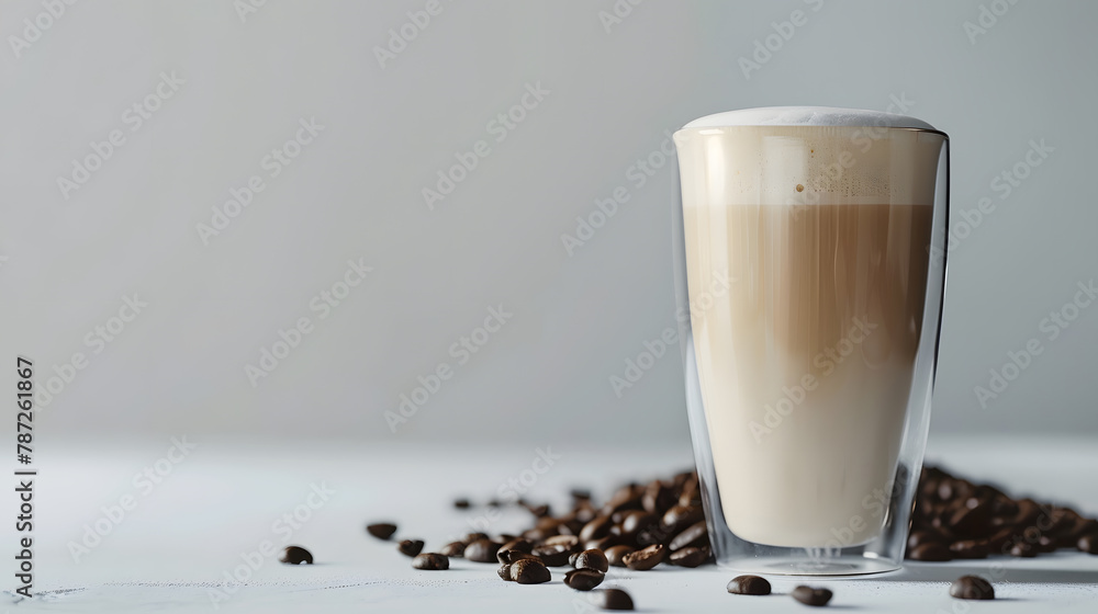 Poster close up of double glass cup of fresh latte coffee with coffee beans on white table and copy space :