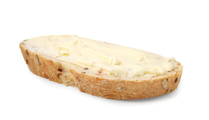 Slice of tasty bread with butter isolated on white