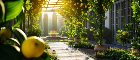 Fotobehang Fairy garden with lemon trees and fruits.  Beautiful summer exterior mockup. backyard, patio with orchard view. generative ai. © Inai